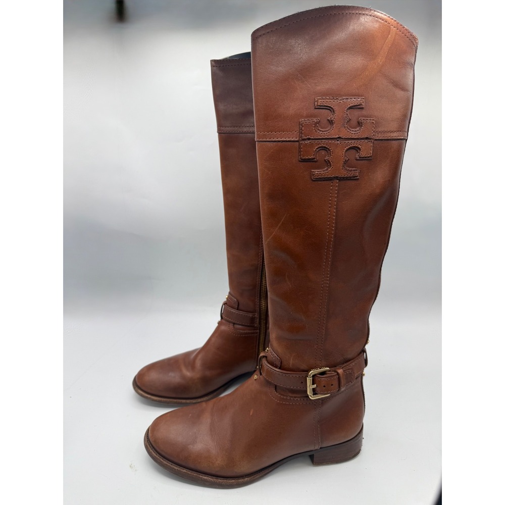 Tory Burch Riding Boots Women's 6.5 Cognac Leather Tall Equestrian Logo Boots - Picture 9 of 10